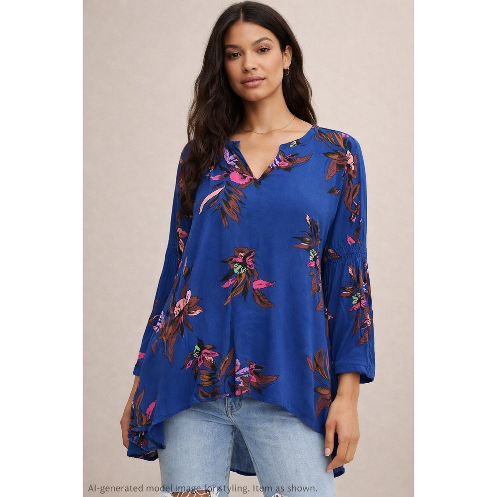 Free People Floral Top Womens Small Blue Boho‎ High Low Gauze Festival Oversized